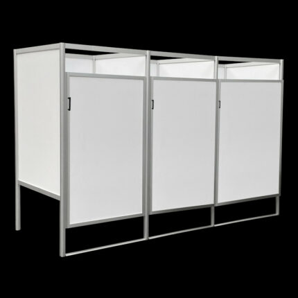Kleedkamers 3 op rij wit HxBxD 200x300x100cm CBX, aluminium frame, gemelamineerd spaanplaat, afsluitbare deuren, voor winkels en evenementen.