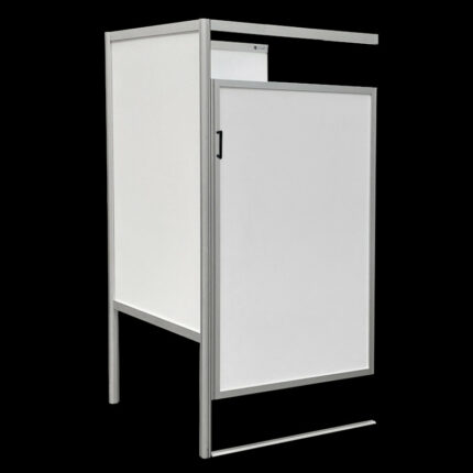Kleedkamer aanbouw wit HxBxD 200x100x100cm FLX, aluminium frame, gemelamineerd spaanplaat, afsluitbare deur, voor winkels en evenementen.