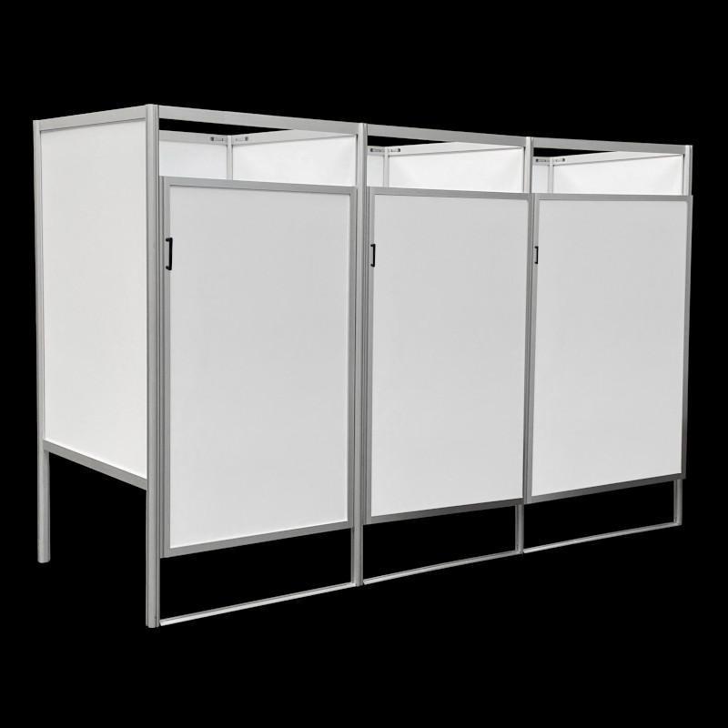 Kleedkamers 3 op rij wit HxBxD 200x300x100cm FLX, aluminium frame, gemelamineerd spaanplaat, afsluitbare deuren, voor winkels en evenementen.