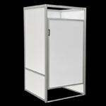 Kleedkamer wit HxBxD 200x100x100cm CBX, onderbouw, aluminium frame, gemelamineerd spaanplaat, afsluitbare deur, voor winkels en evenementen.