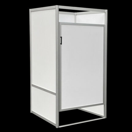 Kleedkamer wit HxBxD 200x100x100cm CBX, onderbouw, aluminium frame, gemelamineerd spaanplaat, afsluitbare deur, voor winkels en evenementen.