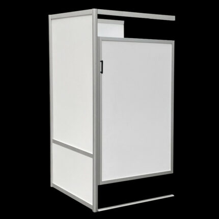 Kleedkamer aanbouw wit HxBxD 200x100x100cm CBX, onderbouw, aluminium frame, gemelamineerd spaanplaat, afsluitbare deur, voor winkels en evenementen.