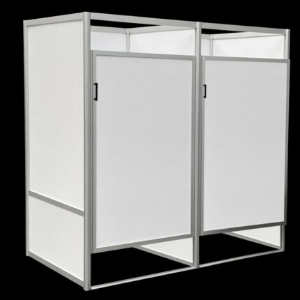 Kleedkamers 2 op rij wit HxBxD 200x200x100cm CBX, onderbouw, aluminium frame, gemelamineerd spaanplaat, afsluitbare deuren, voor winkels en evenementen.