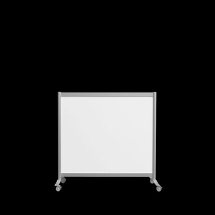 Witte wand op wielen, 115cm hoog en 145cm breed, vooraanzicht, te gebruiken als scheidingswand, expositiewand, expopaneel of posterbord.