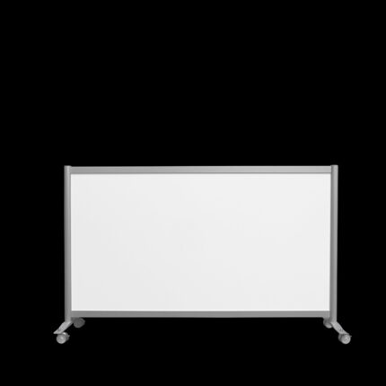 Witte wand op wielen, 115cm hoog en 186cm breed, vooraanzicht, te gebruiken als scheidingswand, expositiewand, expopaneel of posterbord.