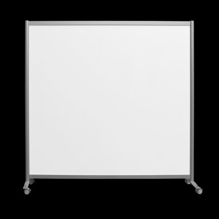 Witte wand op wielen hoog 197cm en breed 203cm, ook te gebruiken als scheidingswand, expositiewand en expopaneel. Vooraanzicht.