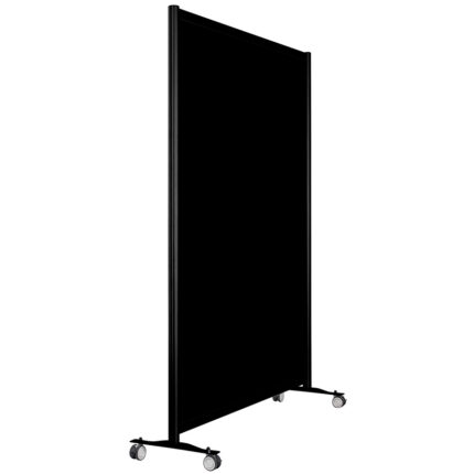Volledig zwarte wand op wielen hoog 197cm en breed 104cm, ook te gebruiken als scheidingswand, expositiewand, expopaneel of posterbord.