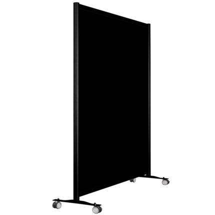 Volledig zwarte wand op wielen hoog 197cm en breed 145cm, ook te gebruiken als scheidingswand, expositiewand, expopaneel of posterbord.