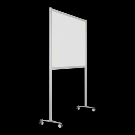 Witte wand op wielen, open onderzijde, 197cm hoog en 148cm breed, ook te gebruiken als scheidingswand, expositiewand, expopaneel of posterbord.