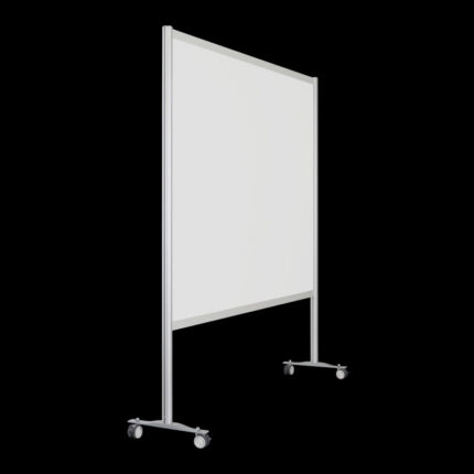 Witte wand op wielen, open onderzijde, 197cm hoog en 186cm breed, ook te gebruiken als scheidingswand, expositiewand, expopaneel of posterbord.