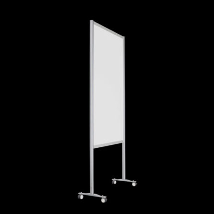 Witte wand op wielen, open onderzijde, hoog 235cm en breed 104cm, ook te gebruiken als scheidingswand, expositiewand, expopaneel of posterbord.