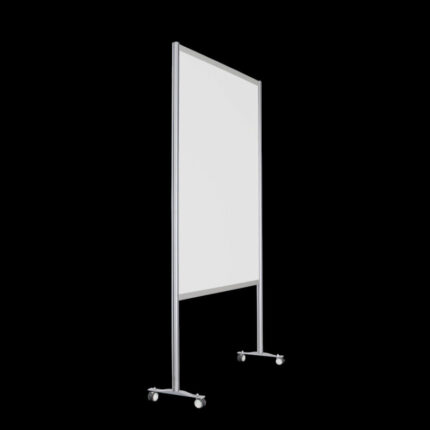 Witte wand op wielen, open onderzijde, 235cm hoog en 145cm breed, ook te gebruiken als scheidingswand, expositiewand, expopaneel of posterbord.