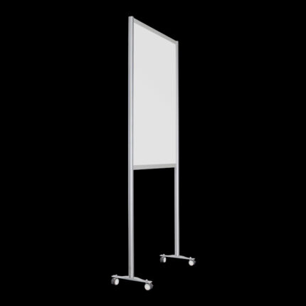 Witte wand op wielen, open onderzijde, 259cm hoog en 104cm breed, ook te gebruiken als scheidingswand, expositiewand, expopaneel of posterbord.