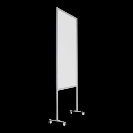 Witte wand op wielen, open onderzijde, hoog 259cm en breed 104cm, ook te gebruiken als scheidingswand, expositiewand, expopaneel of posterbord.