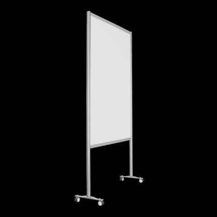 Witte wand op wielen, open onderzijde, 259cm hoog en 145cm breed, ook te gebruiken als scheidingswand, expositiewand, expopaneel of posterbord.