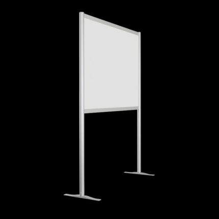 Witte wand, open onderzijde, op voeten, 2190m hoog en 148cm breed. Ook te gebruiken als scheidingswand, expositiewand, expopaneel of posterbord.