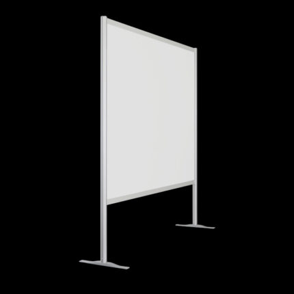 Witte wand, open onderzijde, op voeten, 190cm hoog en 186cm breed. Ook te gebruiken als scheidingswand, expositiewand, expopaneel of posterbord.