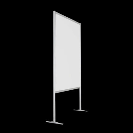 Witte wand, open onderzijde, op voeten, 228cm hoog en 145cm breed. Ook te gebruiken als scheidingswand, expositiewand, expopaneel of posterbord.