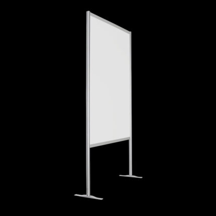 Witte wand, open onderzijde, op voeten, 252cm hoog en 145cm breed. Ook te gebruiken als scheidingswand, expositiewand, expopaneel of posterbord.
