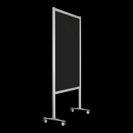 Zwarte wand op wielen, open onderzijde, 197cm hoog en 104cm breed, ook te gebruiken als scheidingswand, expositiewand, expopaneel of posterbord.
