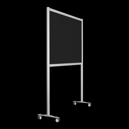 Zwarte wand op wielen, open onderzijde, 197cm hoog en 148cm breed, ook te gebruiken als scheidingswand, expositiewand, expopaneel of posterbord.
