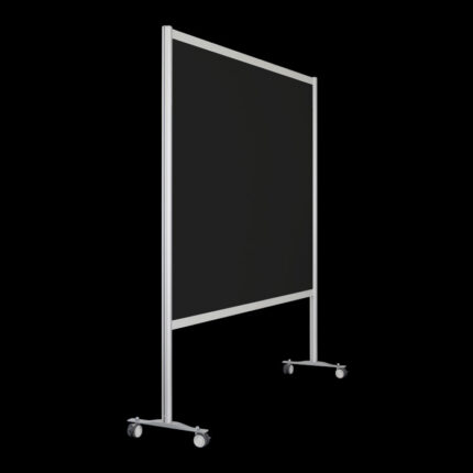 Zwarte wand op wielen, open onderzijde, 197cm hoog en 186cm breed, ook te gebruiken als scheidingswand, expositiewand, expopaneel of posterbord.