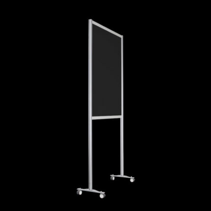Zwarte wand op wielen, open onderzijde, 235cm hoog en 104cm breed, ook te gebruiken als scheidingswand, expositiewand, expopaneel of posterbord.