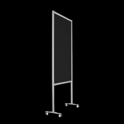 Zwarte wand op wielen, open onderzijde, hoog 235cm en breed 104cm, ook te gebruiken als scheidingswand, expositiewand, expopaneel of posterbord.
