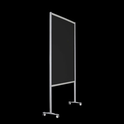 Zwarte wand op wielen, open onderzijde, 235cm hoog en 145cm breed, ook te gebruiken als scheidingswand, expositiewand, expopaneel of posterbord.