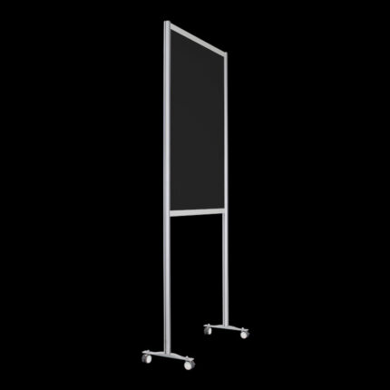 Zwarte wand op wielen, open onderzijde, 259cm hoog en 104cm breed, ook te gebruiken als scheidingswand, expositiewand, expopaneel of posterbord.