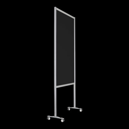 Zwarte wand op wielen, open onderzijde, hoog 259cm en breed 104cm, ook te gebruiken als scheidingswand, expositiewand, expopaneel of posterbord.