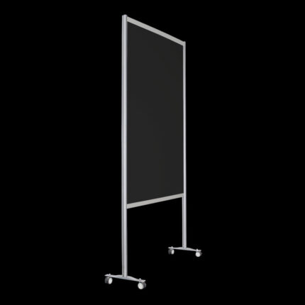 Zwarte wand op wielen, open onderzijde, hoog 259cm en breed 145cm, ook te gebruiken als scheidingswand, expositiewand, expopaneel of posterbord.