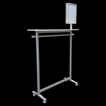 Kledingrek met plank en 2x A3 kliklijst op wielen, HxBxD197x120x45cm, zijaanzicht.