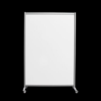 Witte wand op wielen hoog 220cm en breed 145cm, ook te gebruiken als scheidingswand, expositiewand en expopaneel. Vooraanzicht.