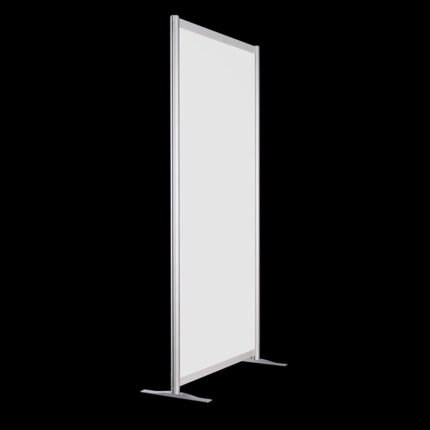 Witte wand op voeten, 213cm hoog en 104cm breed. Ook te gebruiken als scheidingswand, expositiewand, expopaneel of posterbord.