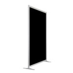 Zwarte wand op voeten, 213cm hoog en 203cm breed. Ook te gebruiken als scheidingswand, expositiewand, expopaneel of posterbord.