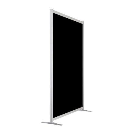 Zwarte wand op voeten, 213cm hoog en 203cm breed. Ook te gebruiken als scheidingswand, expositiewand, expopaneel of posterbord.